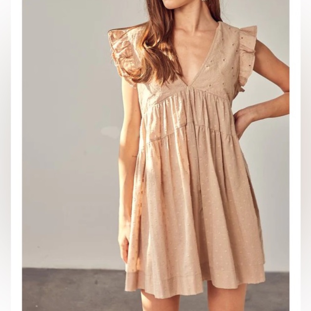 Urban Outfitters Mustard Seed Romper Dress Ruffle Eyelet Tan Taupe Boho Mini EUC